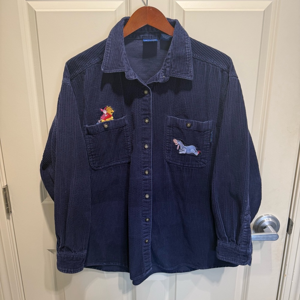 VTG 90s Disney Pooh Blue Corduroy Embroidered Button Up Shirt Eeyore Piglet XL